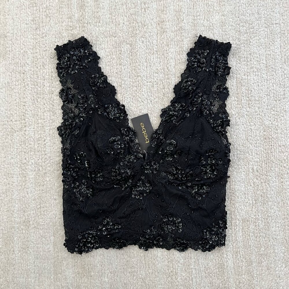 NWT Bebe Karina Black Beaded Lace Tank Top Blouse XS